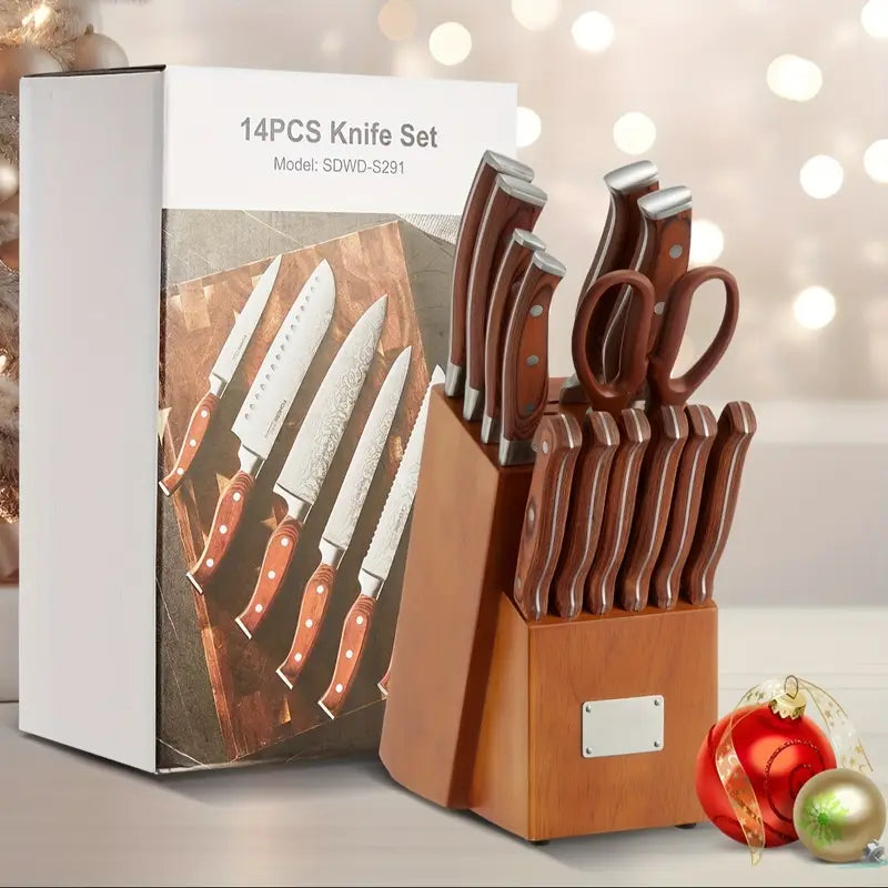 14-Piece High Carbon Stainless Steel Self-Sharpening Knife Set with Wooden Handles & Knife Block – Brown
