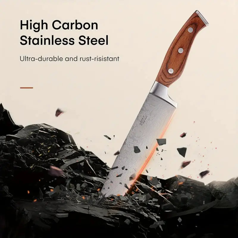 14-Piece High Carbon Stainless Steel Self-Sharpening Knife Set with Wooden Handles & Knife Block – Brown