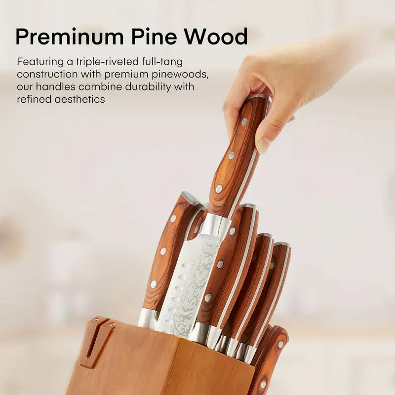 14-Piece High Carbon Stainless Steel Self-Sharpening Knife Set with Wooden Handles & Knife Block – Brown