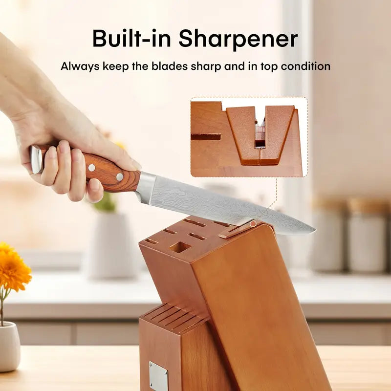 14-Piece High Carbon Stainless Steel Self-Sharpening Knife Set with Wooden Handles & Knife Block – Brown
