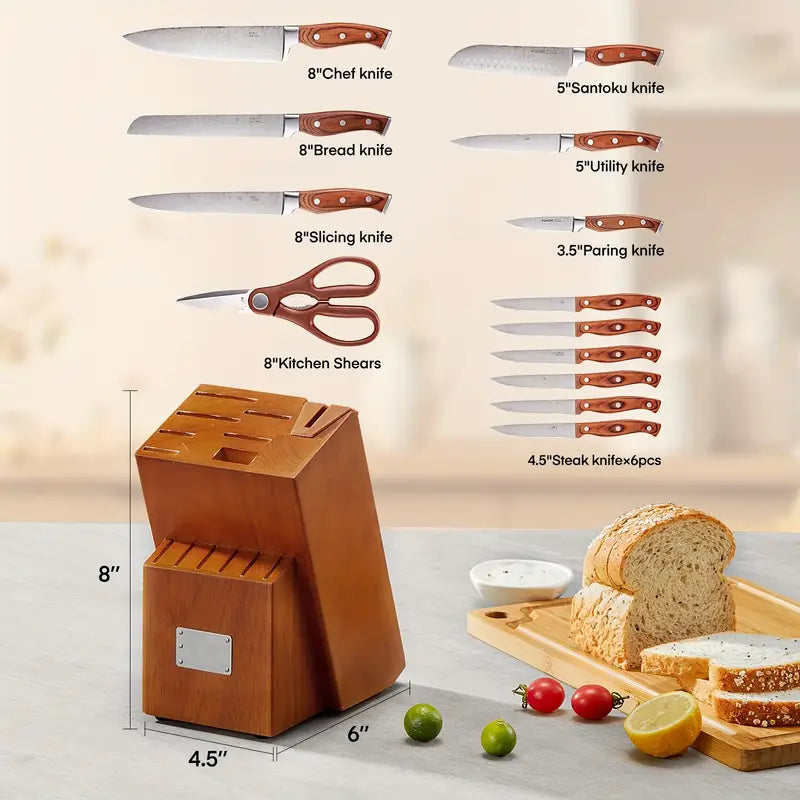 14-Piece High Carbon Stainless Steel Self-Sharpening Knife Set with Wooden Handles & Knife Block – Brown